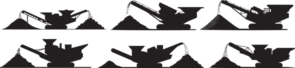 Set of Industrial Rock Crusher Machine with Conveyor Belt Silhouette, Black and White Vector Illustration