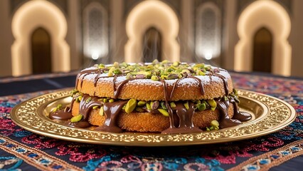 Luxurious Pistachio and Chocolate Layered Sponge Cake with Powdered Sugar