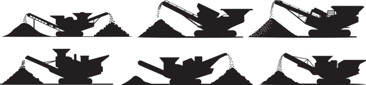 Set of Industrial Rock Crusher Machine with Conveyor Belt Silhouette, Black and White Vector Illustration