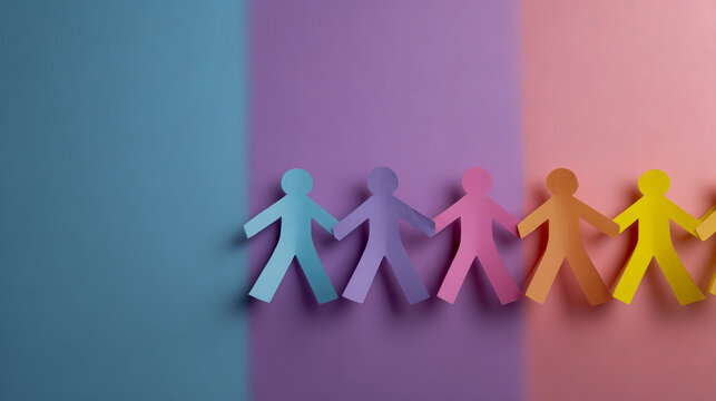 Photo of a group of paper people holding hands on a pastel background, symbolizing unity and diversity in community work