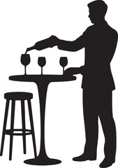 Sommelier Pouring Wine at High Table Silhouette, Elegant Drink Service Black and White Vector Illustration