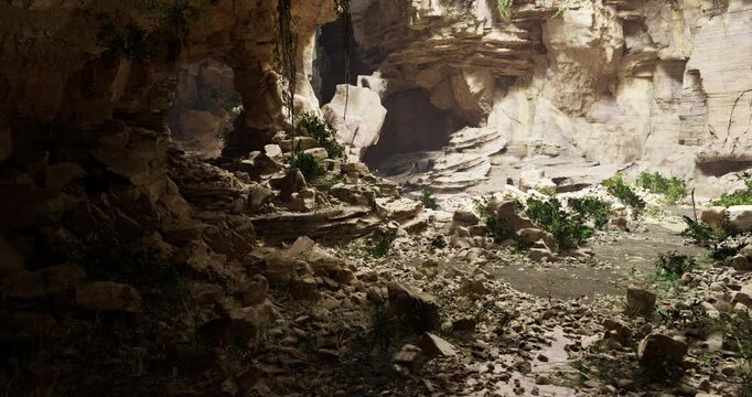 A wanderer ventures into a hidden cavern where sunlight filters through rock formations. Stone walls are adorned with vines and ferns, creating a serene, otherworldly atmosphere.