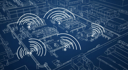 A blueprint of a building with wireless signals emanating from various points