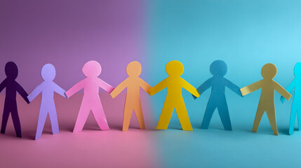 Photo of a group of paper people holding hands on a pastel background, symbolizing unity and diversity in community work