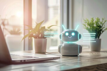 Friendly, glowing robot sits on a desk, embodying the future of technology in a bright office environment