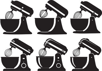 Set of Stand Mixer with Whisk Attachment Silhouette, Black and White Kitchen Appliance Vector Illustration