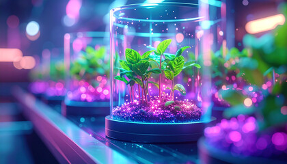 Microscopic organic technology with glowing plants in futuristic laboratory setting