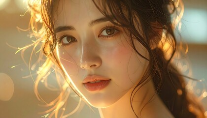 A close-up portrait shows a young woman with sun-kissed skin and soft brown hair, looking directly at the viewer with gentle eyes