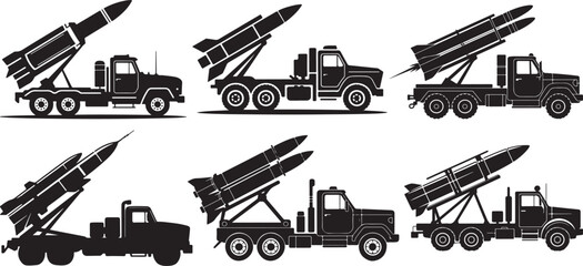 Set of Rocket Launcher Truck with Missiles Silhouette, Black and White Military Vector Illustration