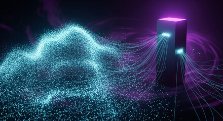 A futuristic digital illustration of a glowing purple tower emitting blue lines and particles