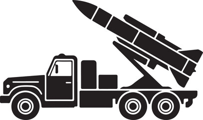 Rocket Launcher Truck with Missiles Silhouette, Black and White Military Vector Illustration
