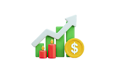Candles, Dollar Coin, and Upward Arrow Graph Illustrating Financial Growth