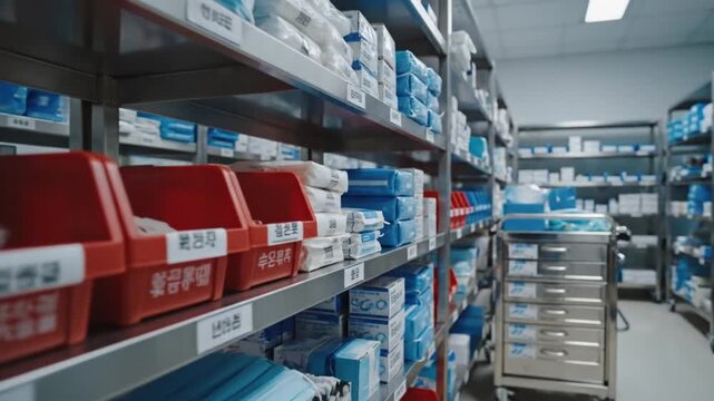 Blurry view of industrial shelving stocked with various medical supplies in a storage room with metal drawers.