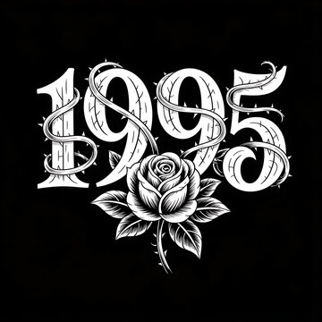 Vintage tattoo design with 1995 and rose on black background