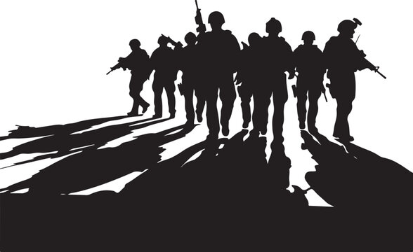 Soldiers marching in formation with guns