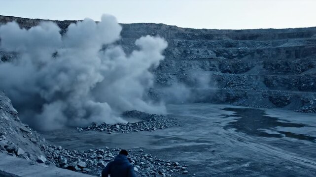 Quarry explosion creates massive dust cloud at mining site pit. Industrial blast produces smoke in quarry. Mining explosion with dust cloud. Quarry blast creates smoke at mining excavation site.