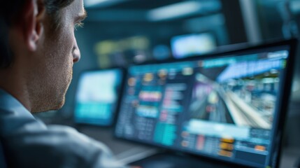 Medium shot capturing a control center operator reviewing advanced train scheduling software main interface sharp against a blurred room symbolizing efficient highspeed rail