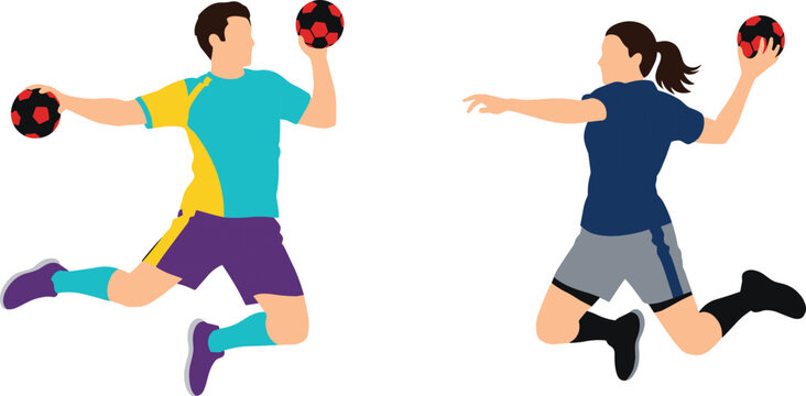 Male and Female Professional Handball Players Jumping to Throw Ball During Action Sports Match for Athletics Team Competition and Training