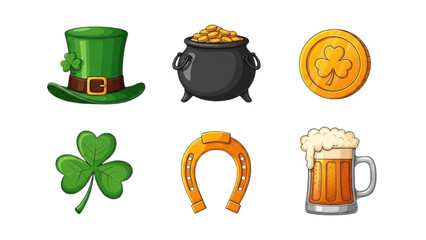 Displays six cartoon illustrations representing common St. Patrick's Day symbols, arranged in a two-by-three grid on a white background. 