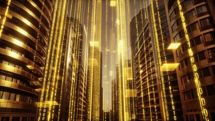 Nighttime cityscape featuring skyscrapers adorned with glowing binary digits cascading down their facades in warm amber tones against a dark urban - Powered by Adobe