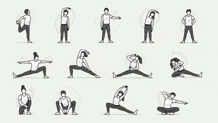 Fototapeta premium Diverse collection of warm-up and stretching exercises for full-body flexibility and workout