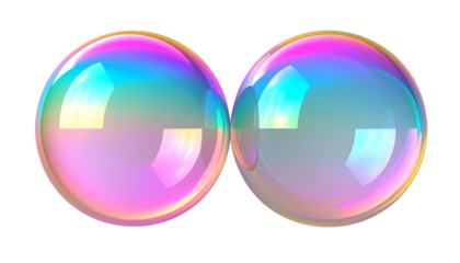 Two iridescent, floating spheres with reflective rainbow hues, against a black background