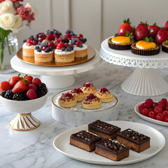 Chocolate cake with berries and fruits on plate