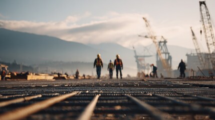 Plakat Medium shot capturing longspan ship tunnel construction focusing on workers and concrete framework with the expansive site fading gently out of focus.