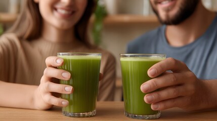 A happy couple shares glasses of fresh green juice promoting healthy lifestyle and togetherness