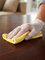 Hand in Glove Cleaning Wooden Table with Microfiber Cloth
