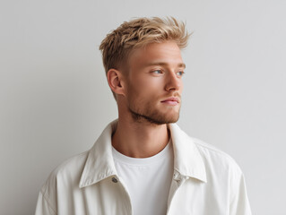 Young adult man with blonde hair and beard wearing white jacket and t shirt looking away thoughtfully on white background