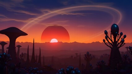 Naklejka premium Dramatic sunset over alien landscape with unique flora and celestial ring feature