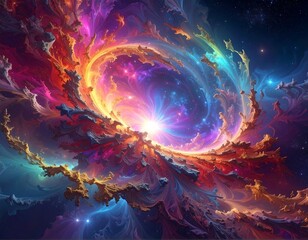 Vivid swirl of cosmic nebula with exploding bright center and galaxies