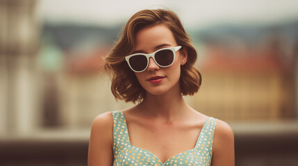Young woman wearing white sunglasses and polka dot dress outdoors with short wavy hair and confident expression in soft light
