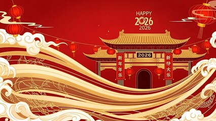 Happy 2026 chinese new year celebration background with traditional gate, red lanterns, and golden waves on red background