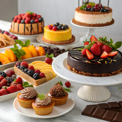 Rich Chocolate Dessert Cake Topped with Berries and Seasonal Fruits