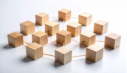 Interconnected wooden cubes arranged in a circular network with thin rods on a white surface.