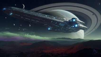 Futuristic spacecraft exploring a celestial body against a vast starry sky