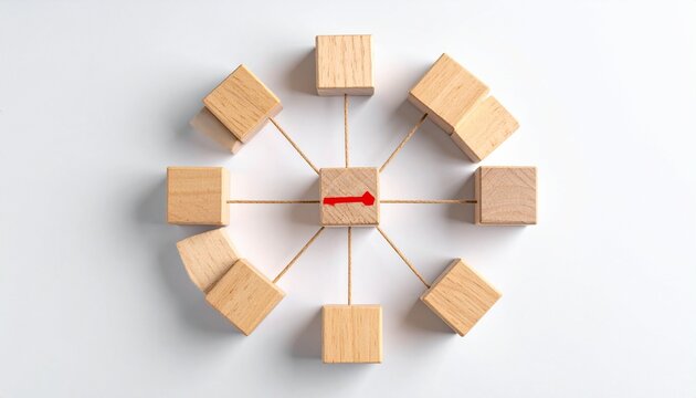Central wooden hub with eight surrounding blocks connected by thin rods, red arrow indicating directional flow.