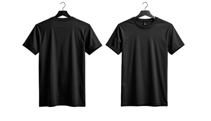 Two black t-shirts, front and back, displayed on hangers against a dark background