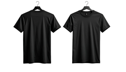 Two black t-shirts, front and back, displayed on hangers against a dark background