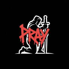 Kneeling figure praying with sword and hood in graffiti style