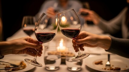 People toasting red wine glasses at dinner table celebration