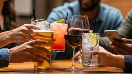 People toasting various alcoholic beverages in a social gathering environment