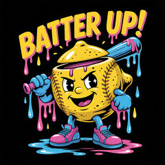 Vibrant cartoon baseball character with BATTER UP message