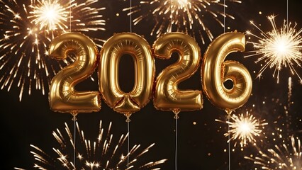 2026 happy new year celebration with fireworks and golden balloons