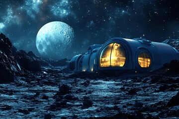 Futuristic lunar habitat under a starry sky with a large moon