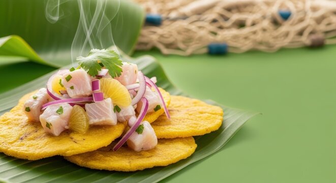 Crispy Costa Rican Patacones with Fresh Fish Ceviche on Banana Leaf and Negative Space