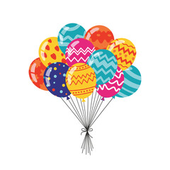 Naklejka premium Festive bouquet of colorful balloons with different geometric patterns like zigzags polka dots and hearts tied together with a string.