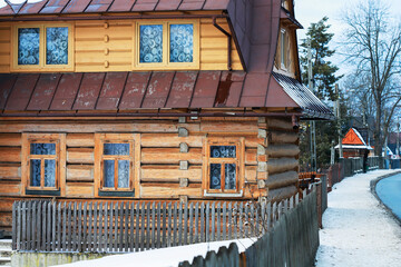 CHOCHOLOW, POLAND - DECEMBER 26, 2025: Wooden architecture of Chocholow, willage near the Zakopane, Poland.